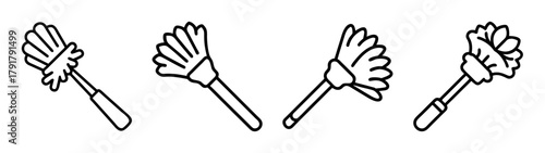 Household dusters collection line art icons. cleaning tools set.