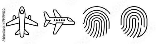 Airline transport and digital security biometric identity icons