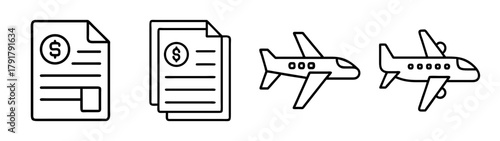 Financial travel expenses: invoices and airplane vector line icons