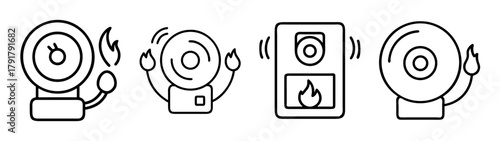 Fire safety alarm system icons, emergency bell and warning