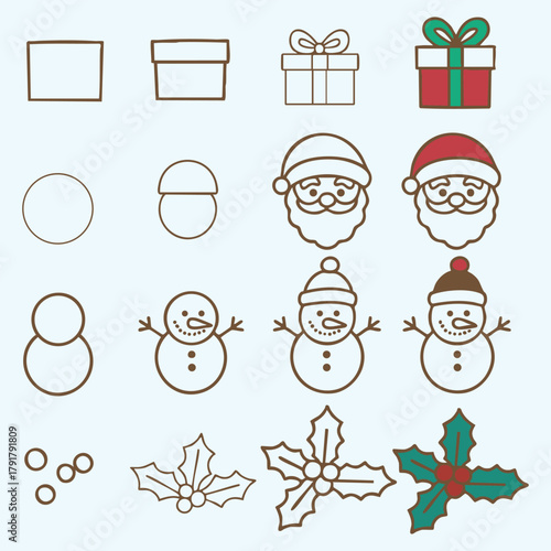 Christmas step by step drawing tutorial for gifts Santa face snowmen and holiday elements