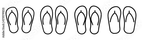 Line art four pairs of flip-flops in a row, summer footwear