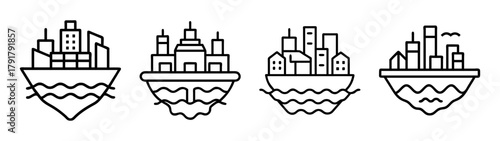 Modern outline icons of cities on floating islands above water