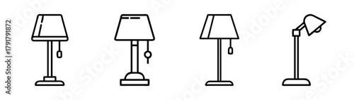 Collection of line art lamps, various types, simple household items.