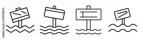 Submerged signpost icons set: notice boards in water graphic