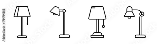 Line art icons of various lamps, floor and table, for interior
