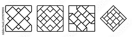 Abstract geometric patterns; various interconnected shapes design.
