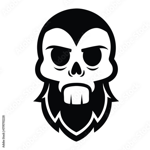Stylized skull with beard and fangs black and white illustration