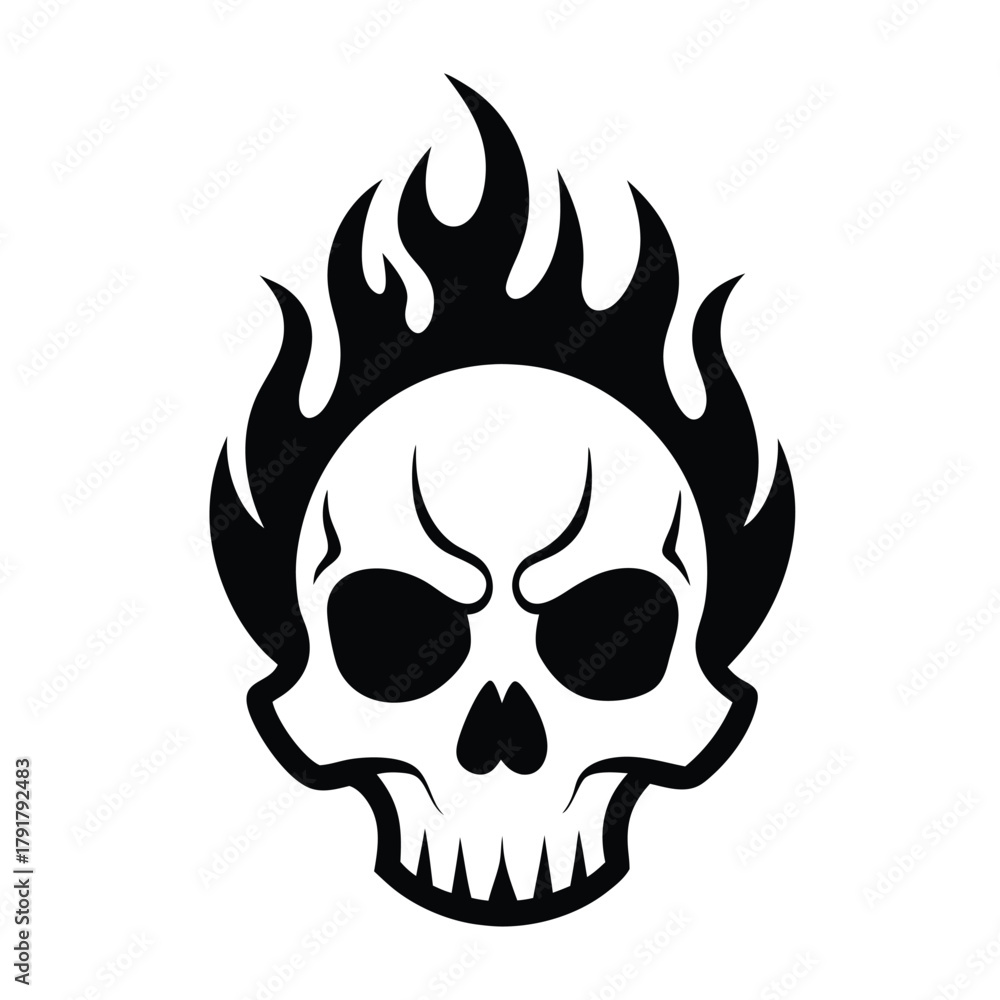 Fototapeta premium Scary skull with flames on a white background