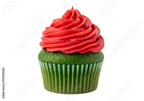 Front view green cup cake with red velvet cream isolated on transparent background