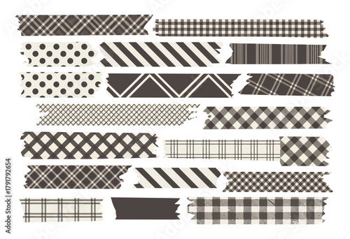 Black and white washi tape strips for crafts, journaling, scrapbooking, labeling, packaging, and decorating in versatile adhesive tape template design