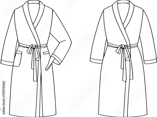 Bathrobe fashion technical drawing front view with shawl collar, belt tie, patch pockets, long sleeves, garment sketch vector illustration