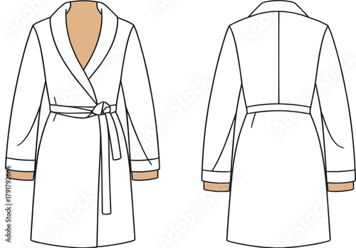 Bathrobe fashion technical sketch front and back view with shawl collar, belt, cuffs, garment design template for pattern making