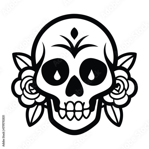 Dia de los Muertos sugar skull with roses and decorative markings