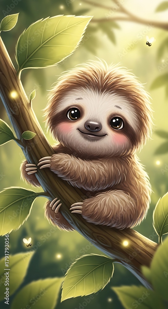 Obraz premium Adorable Baby Sloth on Branch - A Whimsical Forest Encounter.