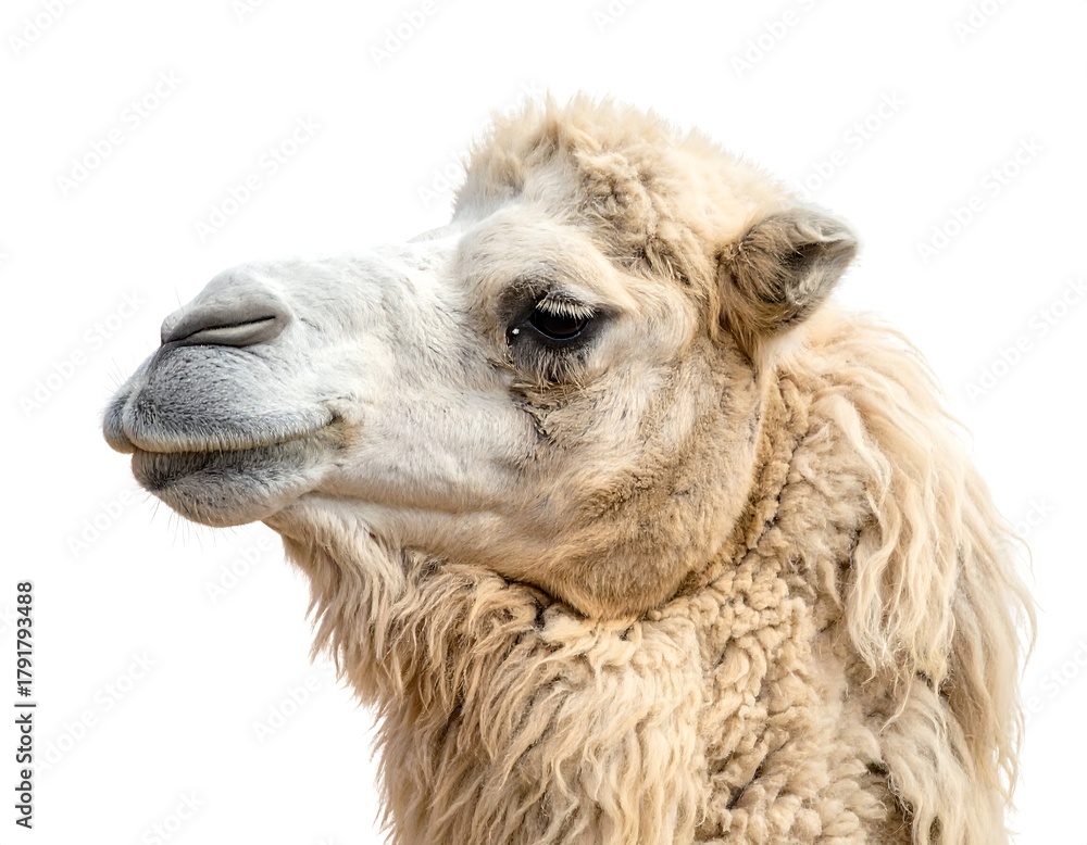 Obraz premium Head and shoulders shot of a light-colored camel, isolated on white