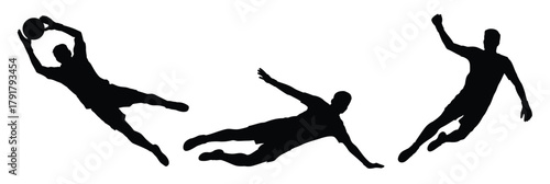 Soccer goalkeeper silhouette in action, diving to save the ball, football match moment, vector illustration