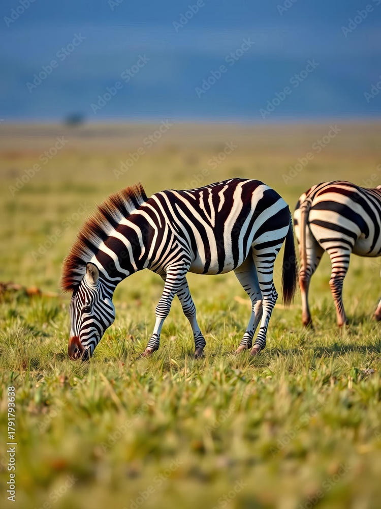 Naklejka premium Zebras graze peacefully in a vast grassland, their stripes a distinctive pattern, social, grassland