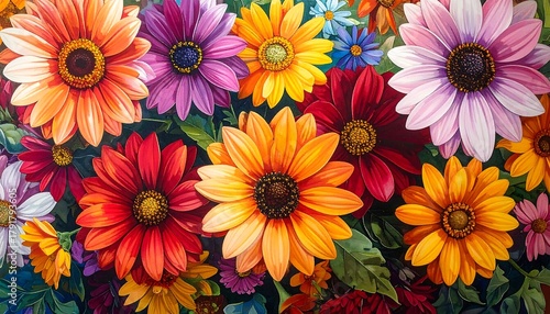 Wallpaper Mural Colorful floral display with various daisy-like flowers and green leaves Torontodigital.ca