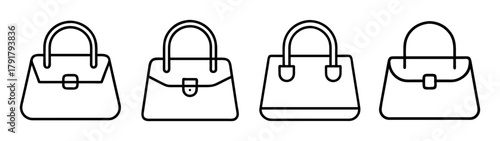 Set of four line art women's handbags. elegant fashion icon set.
