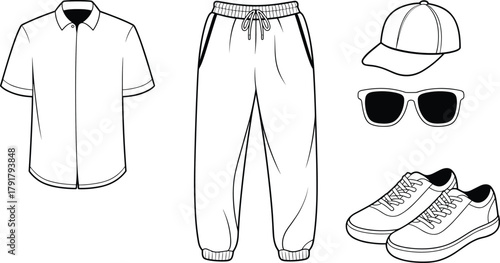 Casual outfit vector set with shirt, joggers, cap, sunglasses, sneakers – fashion accessories illustration for lifestyle and apparel design