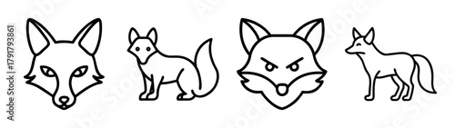 Outline drawing of various fox head and full body illustrations