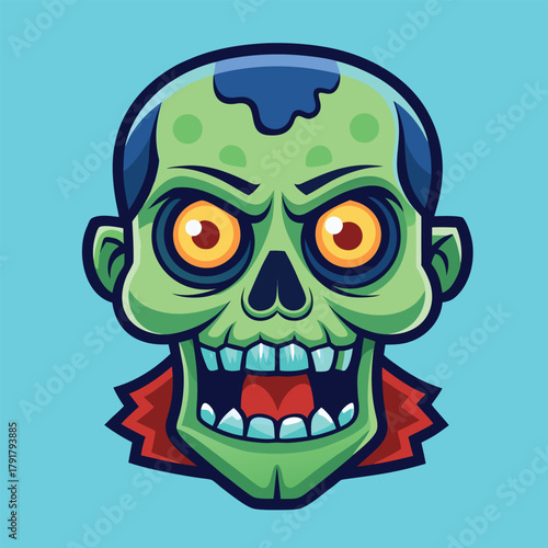 Scary green zombie head with glowing orange eyes and an open mouth
