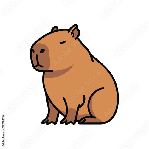 A slightly different cartoon capybara sitting quietly with a gentle demeanor.