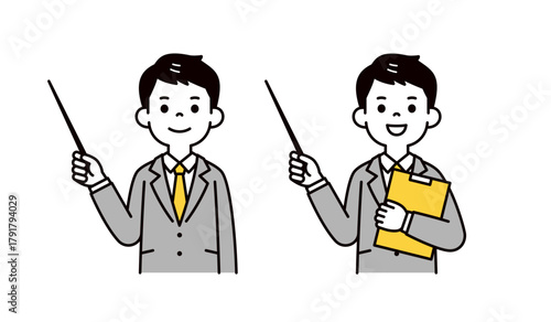 指示棒を持って紹介する、スーツを着た若い男性の上半身ベクターイラスト素材セット