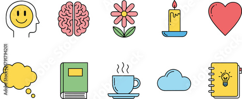 Colorful mental wellness icons set showing happiness, creativity, mindfulness, learning, emotion, nature, ideas, relaxation, and cognitive health symbols.