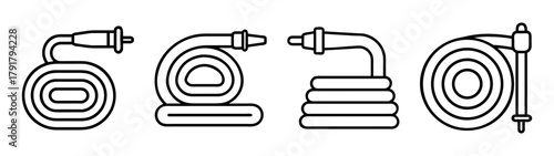 Hose line icon set: coiled garden, fire, and water equipment.