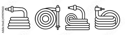 Emergency fire hose line art icons, safety equipment concepts set