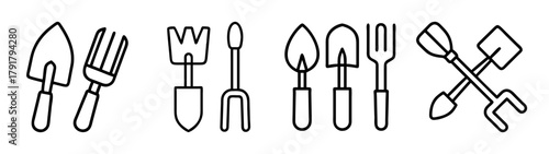 Gardening tools outline icon set with trowel and hand fork designs