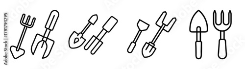 Outline icon set of gardening tools, hand fork and spade vectors