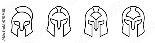 Ancient warrior helmets line icon set, spartan and roman symbols.