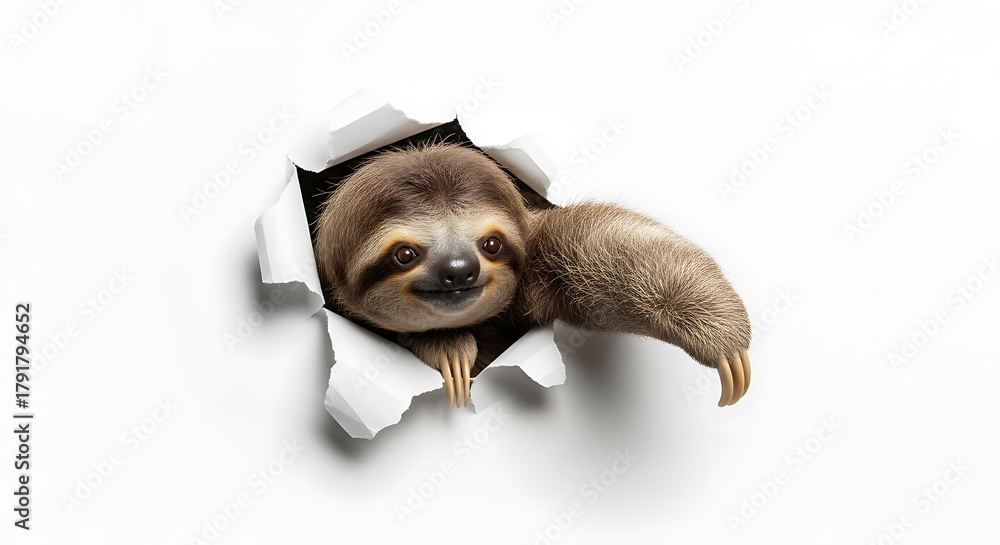 Naklejka premium Adorable Sloth Peeking Out from Torn White Paper with Playful Curiosity, Isolated Studio Shot