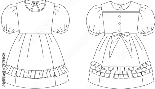 Cute puff sleeve children’s dress fashion sketch with ruffles, bows, pleats, sewing details, front view, line art vector