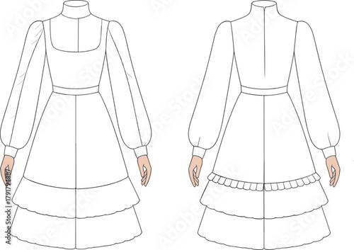 Elegant long sleeve tiered dress fashion flat sketch with ruffle details, technical illustration for garment design and pattern making