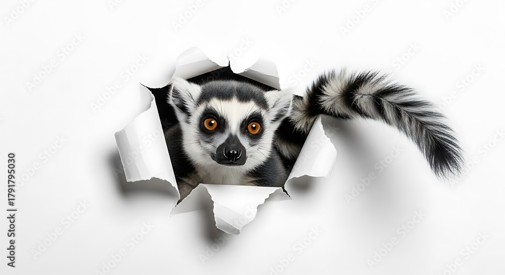 Naklejka premium Curious ring-tailed lemur peeking through torn white paper, its bright orange eyes and striped tail visible.