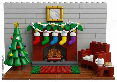 Christmas fireplace scene with decorated tree and armchair.