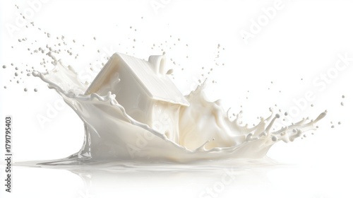 Miniature House Splashing in Milk on White Background