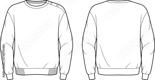 Front and back technical fashion sketch of sweatshirt with shoulder buttons, ribbed cuffs, round neckline, garment flat drawing for apparel design