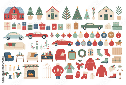 flat style vector christmas and new year icons, featuring xmas trees, houses, red cars, gifts, balls, and home interior elements including tables, chairs, food, carpets, and vases.