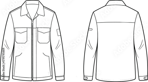 Front and back technical flat sketch of casual zip-up jacket with pockets, sleeve patch, button cuffs, and yoke detail