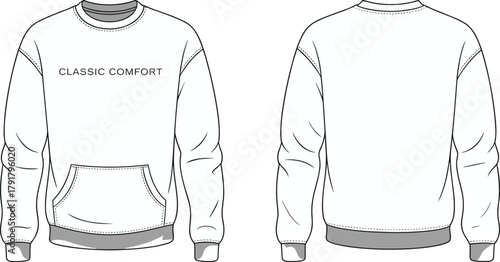 Front and back view of classic crewneck sweatshirt with kangaroo pocket, ribbed cuffs, casual fashion apparel flat vector illustration