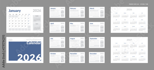 2026 Calendar Planner Set of Template grid Monthly Page, Cover with Place for Photo, Company Logo, Annual 2026, 2027. Vector layout of wall or desk organizer ready print. Week start Monday. Pages A4