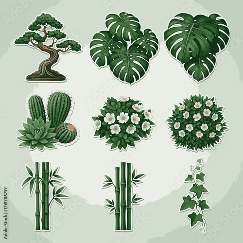 A vibrant collection of diverse green plants, including bonsai, monstera, cacti, flowering bushes, bamboo, and ivy, presented as charming sticker illustrations.