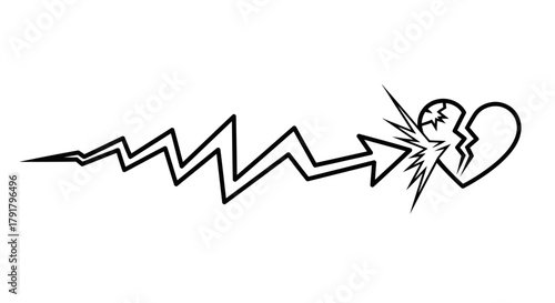 This striking black and white line art shows a jagged arrow piercing and shattering a heart, symbolizing intense emotional pain, heartbreak, and sudden distress.