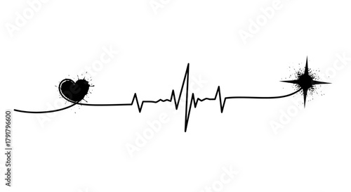 A creative black line art illustration combines a heart, an electrocardiogram pulse, and a star, symbolizing life's journey and aspirations.