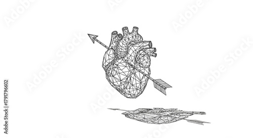 A digitally rendered wireframe anatomical heart pierced by a cupid's arrow, symbolizing love, vulnerability, and emotional impact.
